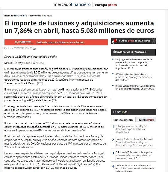 El importe de fusiones y adquisiciones aumenta un 7,86% en abril, hasta 5.080 millones de euros